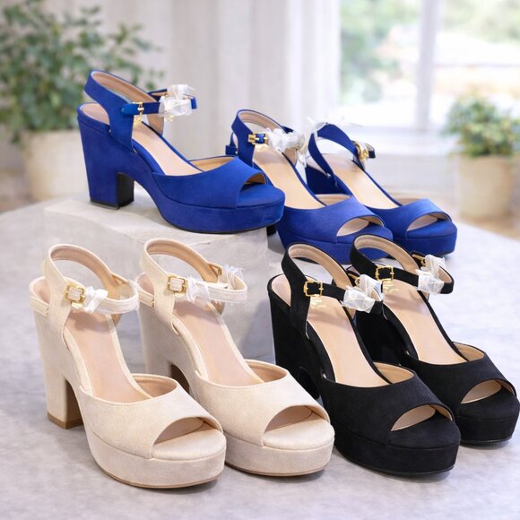 Open Toe Platform Heels | NEW | Royal Blue, Cream & Black | Chunky Heel - Picture 10 of 10